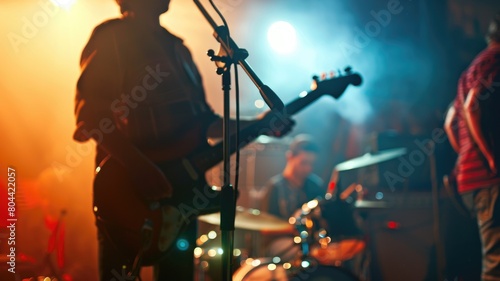 Silhouette of guitarist performing on stage with band members and colorful lighting