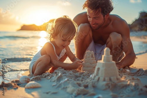 A father and child building a sandcastle on a sunny beach, celebrating Father's Day by the sea.