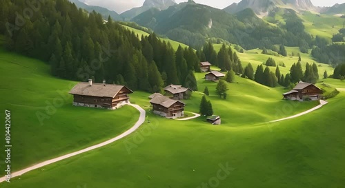 Flying over the lush green meadows of Pralongia in the Italian Dolomites Drone is moving fast forward flying over old cottages and winding unpaved roads and paths LuPa Creative photo
