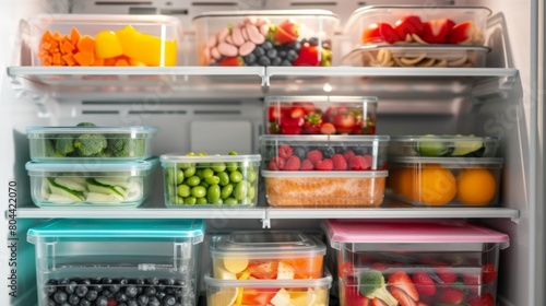Lunch boxes neatly placed in containers inside the refrigerator