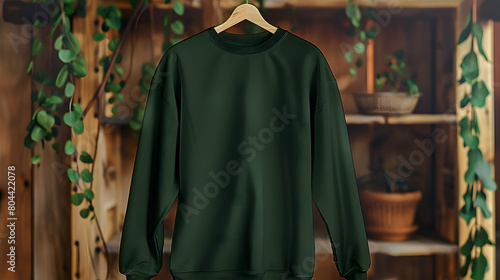 plain blank forest green Gildan 18000 swearshirt mockup hanging from a pretty rod