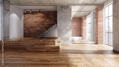 Modern loft interior with exposed brick and hardwood floors