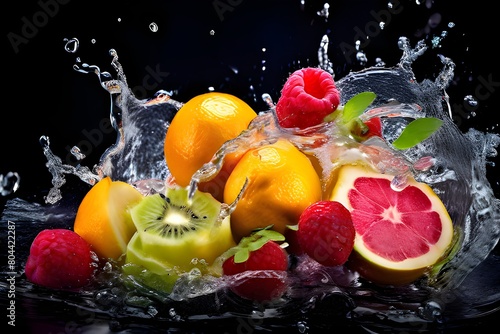 sliced apple with a spray of water on a dark background Fresh fruits splattering into crystal-clear, blue water with a healthy food and diet theme isolated against a dark background

