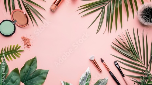 Flat lay of makeup products and tropical leaves on pink background