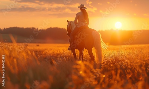 Woman riding horse in countryside during sunset © Влада Яковенко
