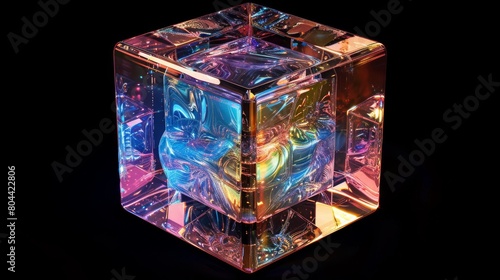 glass cube with holographic transparent and iridescent color, isolated on black background, 20mm lens, low angle view, front perspective, frontal view, top down view, high resolution photo