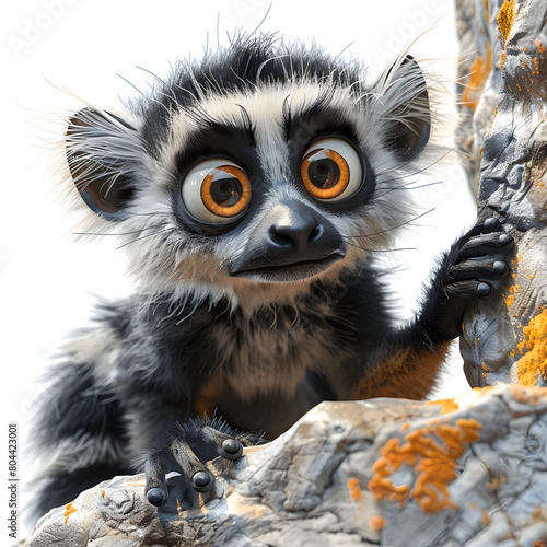 A 3D animated cartoon render of an inquisitive lemur gesturing towards a treacherous cliff.