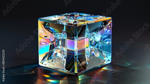 glass cube with holographic transparent and iridescent color, isolated on black background, 20mm lens, low angle view, front perspective, frontal view, top down view, high resolution photo