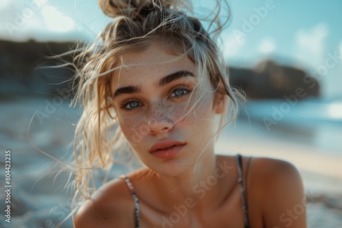 Portrait of blonde beautiful woman posing on the beach