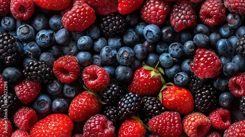  Berries, such as raspberries, blueberries, and strawberries, are arranged in a pattern on a table