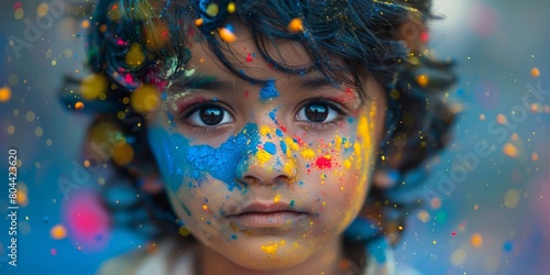 Indian child adorned with Holi Festival powder colors, childhood innocence
