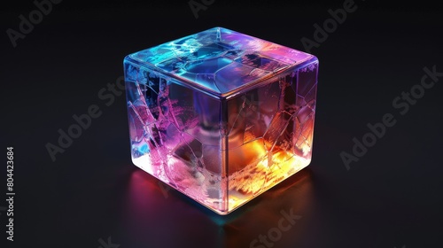 glass cube with holographic transparent and iridescent color  isolated on black background  20mm lens  low angle view  front perspective  frontal view  top down view  high resolution
