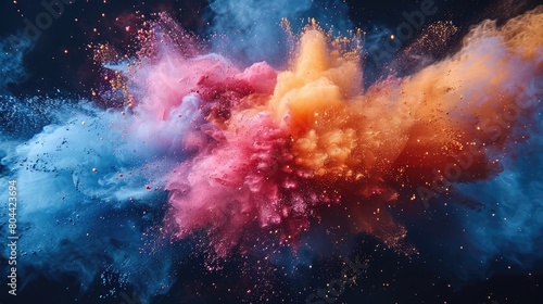Explosion of bright colorful paint on black background, burst of multicolored powder, abstract pattern of colored dust splash 4K