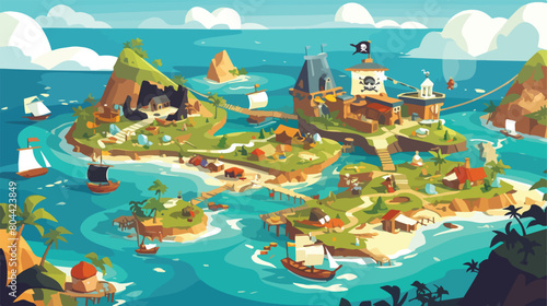 Pirate fantasy cartoon island map. Vector Treasure