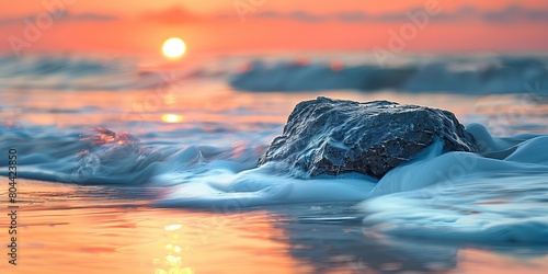 Close-up of surf flowing over a rock on a Baltic Sea beach at sunset,