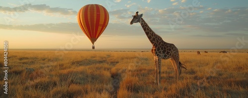 a hot air balloon drifts over giraffe
