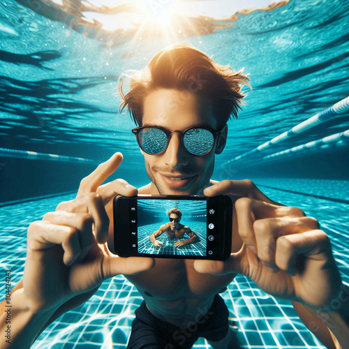 Ein Schwimmer in glasklarem Schwimmbecken fotografiert sich selbst photo