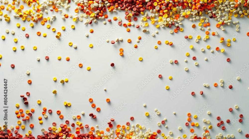 Capture a high-angle view of vibrant pellet food scattered on a pristine white background Show intricate textures and rich colors, enhancing the foods appeal