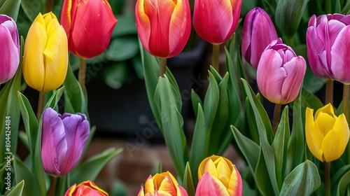  Colorful Tulips in Flower Bed Front of Potted Plant Garden