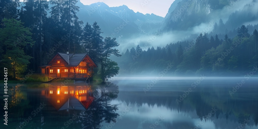 Fototapeta premium Illuminated Wooden house in the forest on a calm reflecting lake with the foggy mountains in the background at dusk