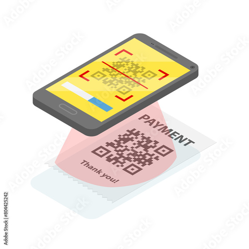 3D Isometric Flat Illustration of Mobile Barcode Reader, Phone Scanning QR-code