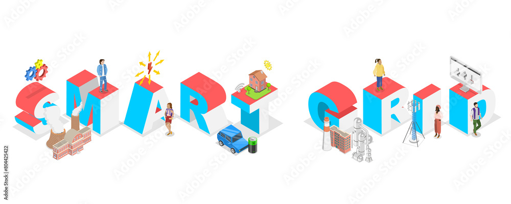 3D Isometric Flat  Illustration of Smart Grid, Sustainable System Control