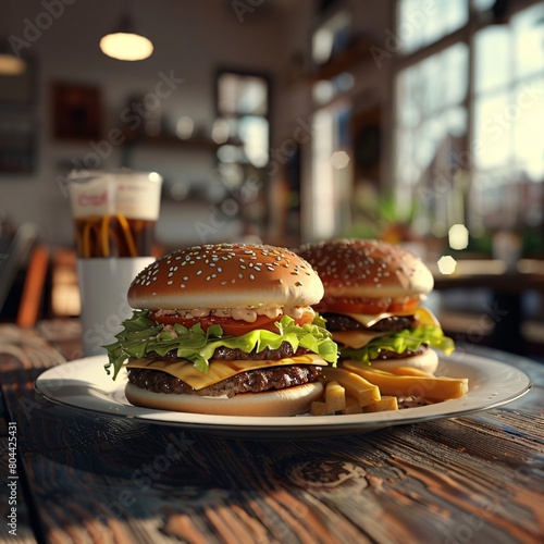 A hamburger with lettuce and cheese on a plate