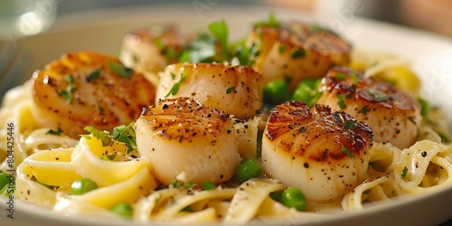 Fettuccine noodles with scallops and peas