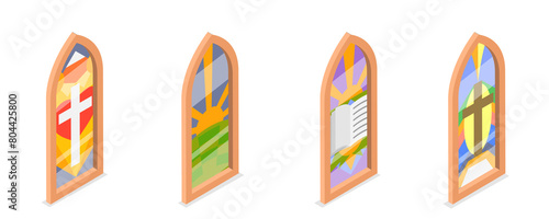 3D Isometric Flat Set of Church Stained Arched Windows , Different Styles and Drawing
