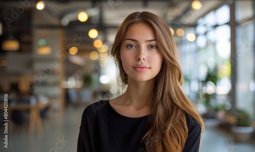 Portrait of young woman in large open office space.
