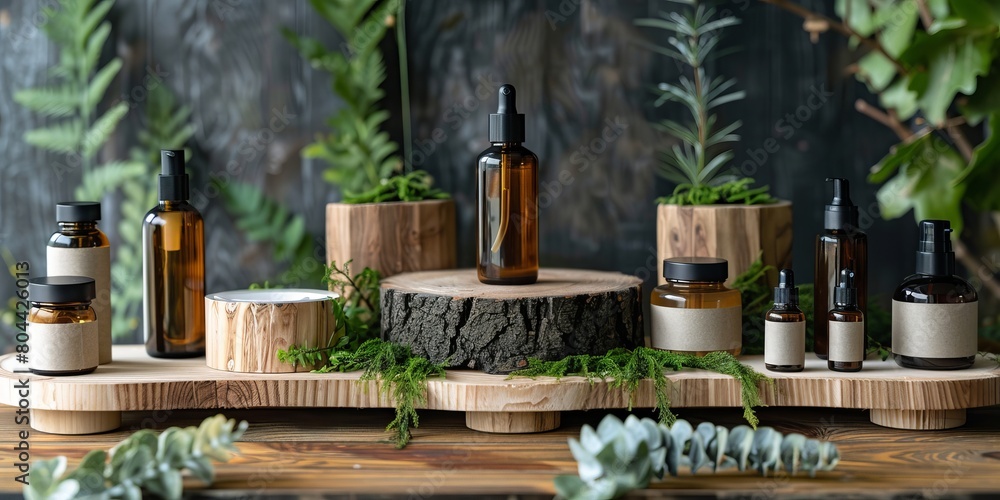 Elegant skincare products on wooden stands with greenery