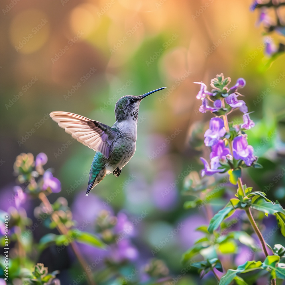 Fototapeta premium Hummingbird Hovering Near Purple Flowers in Natural Habitat