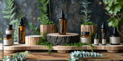 Elegant skincare products on wooden stands with greenery