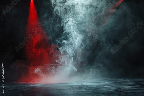 Cool grey smoke abstract background swirling on a stage illuminated by a scarlet red spotlight, enhancing the drama against a black background. photo