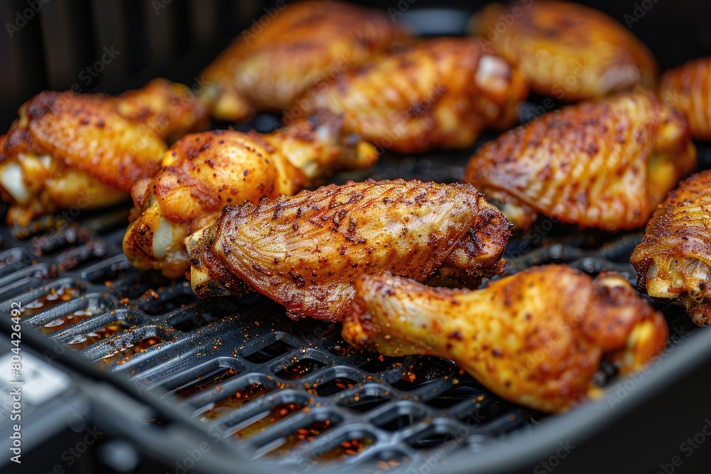 Close-up of succulent grilled chicken wings with crispy skin and flavorful spices, cooked on a barbecue grill.
