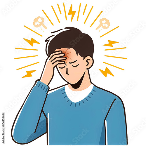 Vector illustration of a young man suffering from forehead pain from migraine on a white background.