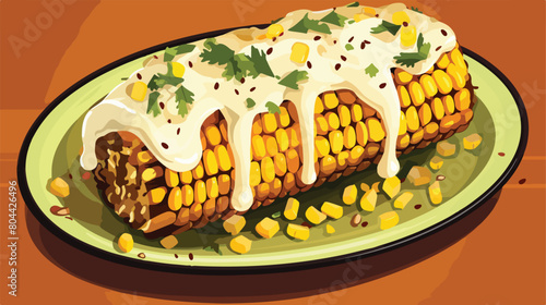 Plate with delicious Elote Mexican Street Corn and © Mishi