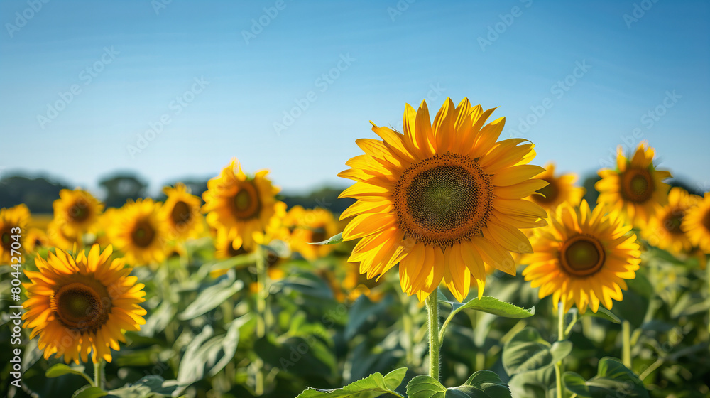 sunflower, flower, field, summer, nature, yellow, sky, agriculture, sunflowers, sun, plant, blue, bright, flora, blossom, flowers, leaf, beauty, plants, blooming, growth, spring, seed, petal, petals