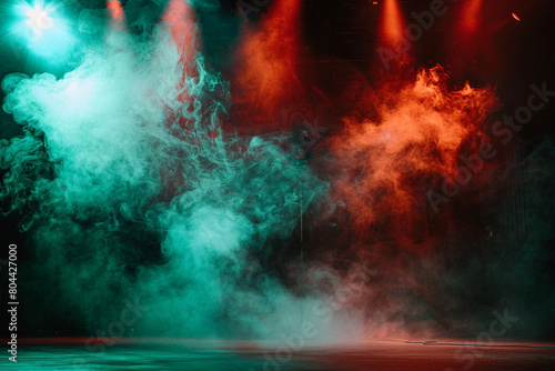 Deep crimson smoke wafting over a stage under a seafoam green spotlight  creating a dramatic  intense visual.