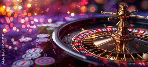 Gold and purple casino roulette table neon bokeh lights with chips, gambling concept, copy space