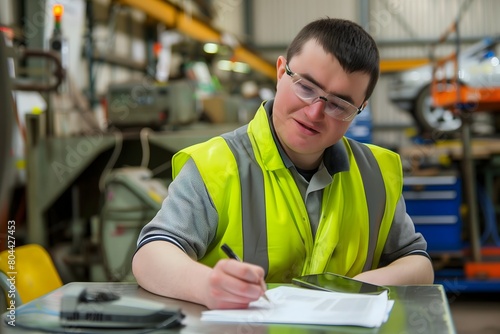 Dedicated worker with down syndrome special needs embodying inclusion in industrial factory setting
