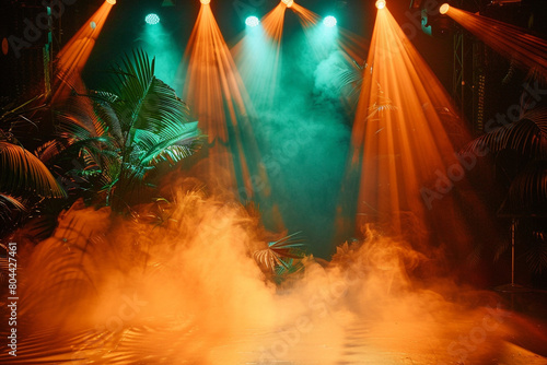 Deep orange smoke swirling across a stage under a sea green spotlight, offering a tropical feel against a dark backdrop.