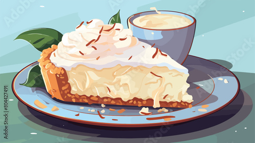 Plate with tasty coconut pie on color background 2d © Mishi