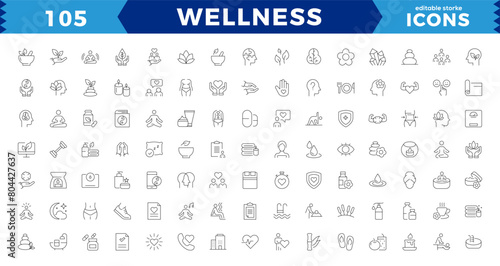 pixel Perfect Wellness icon set. Containing massage, yoga,  relaxation, healthcare, medical. Outline icon collection.  meditation, aromatherapy, Solid icon collection. editable stroke icons. photo