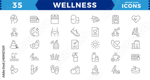 pixel Perfect Wellness icon set. Containing massage, yoga,  relaxation, healthcare, medical. Outline icon collection.  meditation, aromatherapy, Solid icon collection. editable stroke icons.