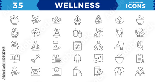 pixel Perfect Wellness icon set. Containing massage, yoga,  relaxation, healthcare,medical. Outline icon collection.  meditation, aromatherapy, Solid icon collection. editable stroke icons.