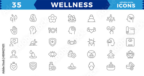 pixel Perfect Wellness icon set. Containing massage, yoga,  relaxation, healthcare,medical. Outline icon collection.  meditation, aromatherapy, Solid icon collection. editable stroke icons.