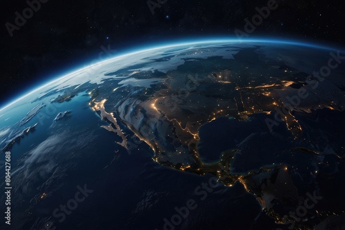 Planet Earth at night in outer space. Surface of the Earth. Sunrise view of the planet Earth from space with the sun setting over the horizon