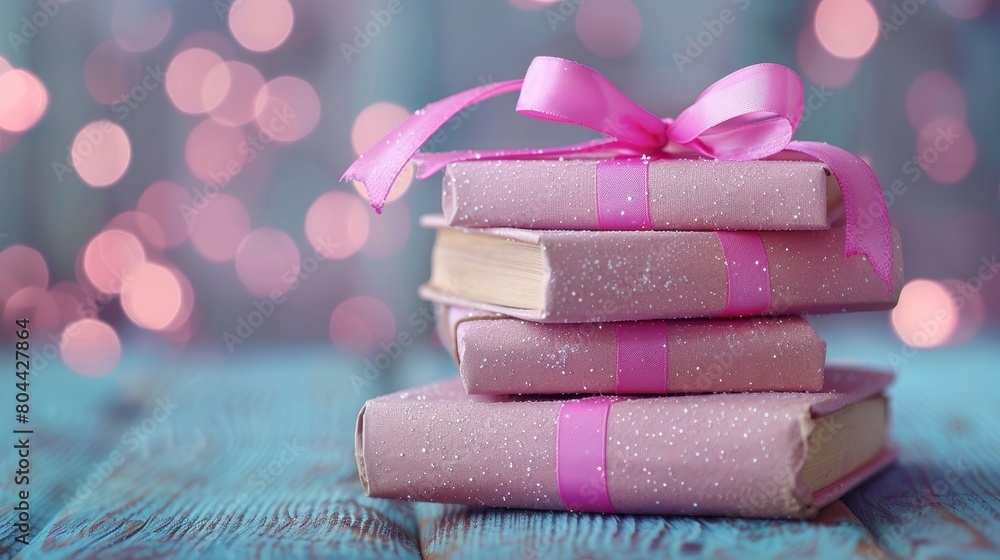 Valentine's Day background with realistic festive gift boxes. Romantic presents. Pink boxes with red ribbon, a gift surprise. Valentine's Day background with realistic festive gift boxes. Romantic presents. Pink boxes with red ribbon, a gift surprise.