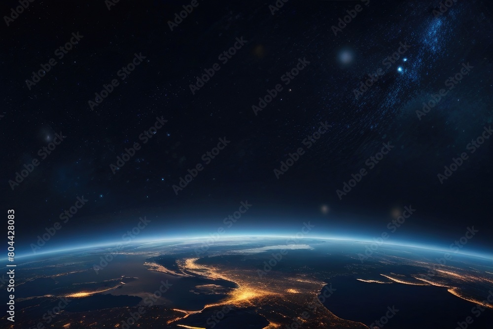 Planet Earth at night in outer space. Surface of the Earth. Sunrise view of the planet Earth from space with the sun setting over the horizon